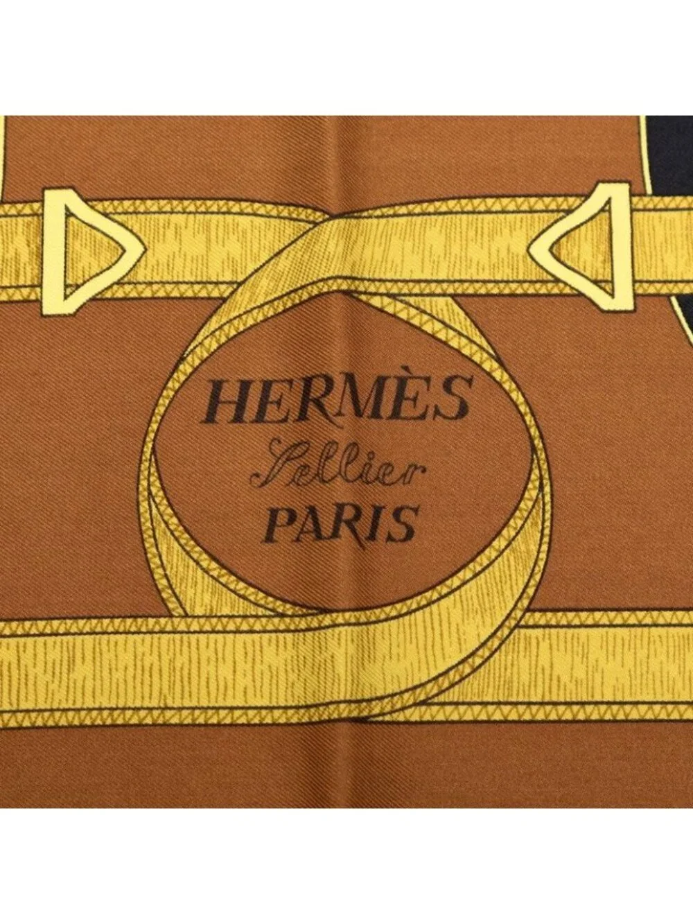 Hermes Carre 90 Eperon D'or Apron Yellow Gold Spurs Scarf Brown Silk